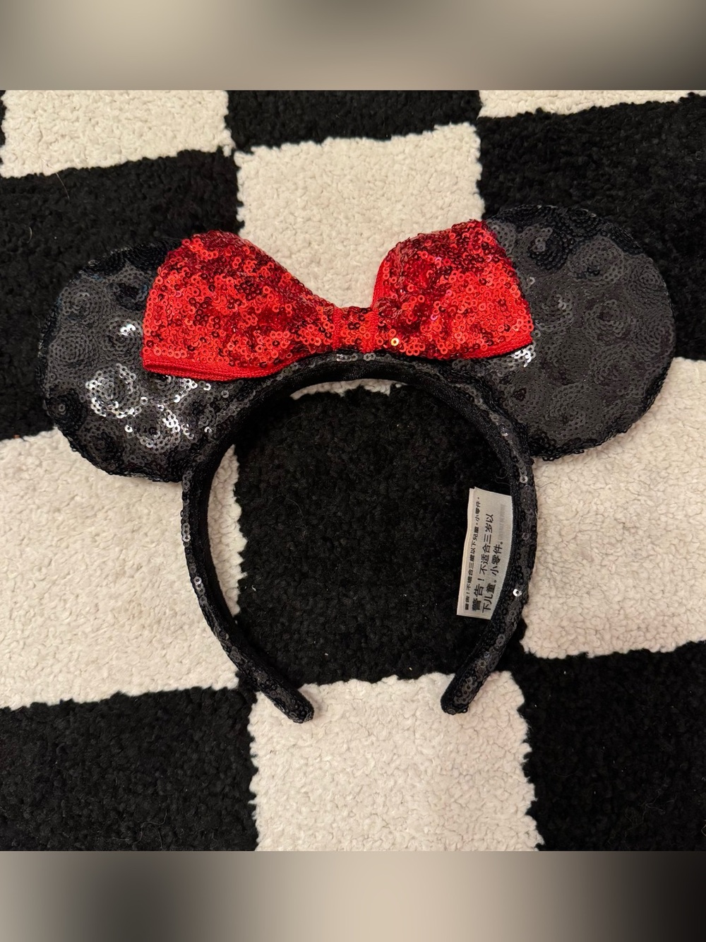 Disney Parks Minnie Mouse Sequin Ear Headband Black with Red Bow Accessory